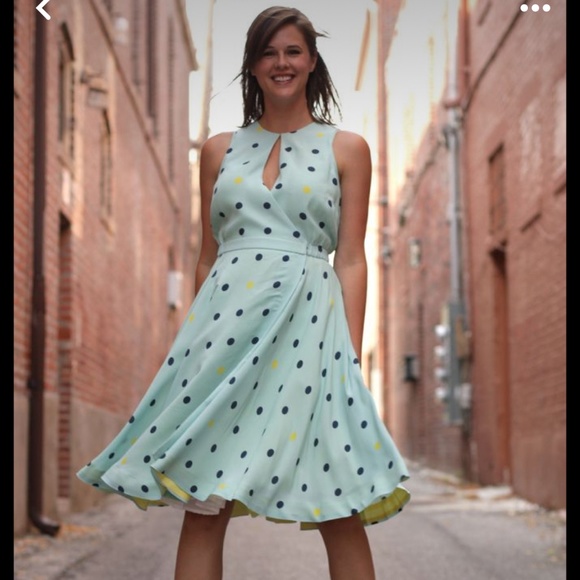 Anthropologie Maple Across The Land Wrap Dress Polka Dot Blue Yellow - Size 2/4 - Picture 1 of 14